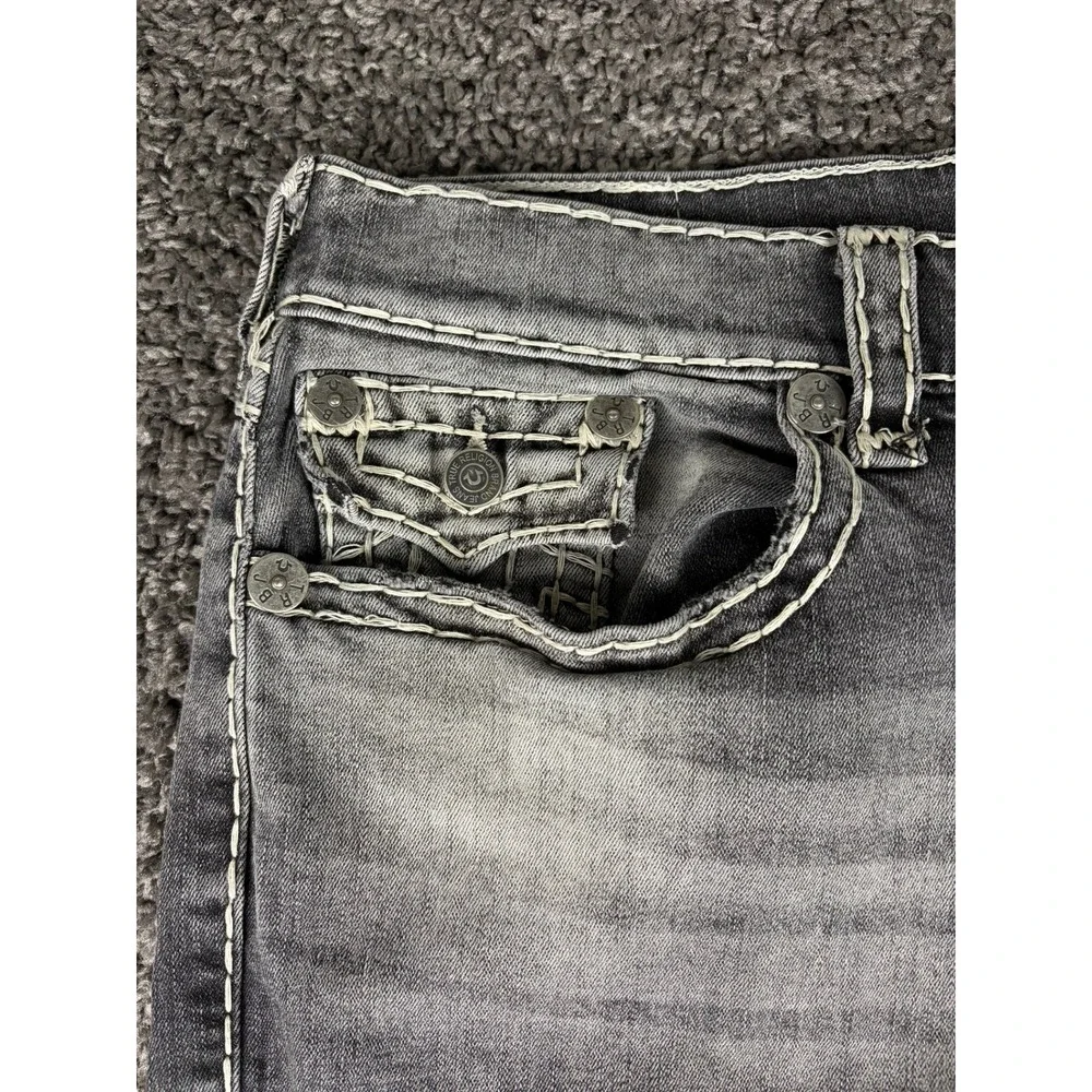 True Religion Ricky Relaxed Straight Jeans Mens 40 Grey Acid Wash White Stitch